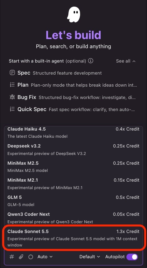 Kiro IDE のモデルセレクター。一覧の最下部に Claude Sonnet 5.5 が表示されている