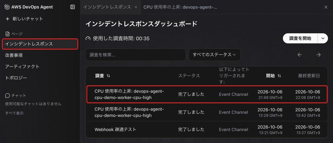 Web App のインシデントレスポンスの一覧。左メニューの「インシデントレスポンス」と、アラーム起点の調査の行を囲んでいる