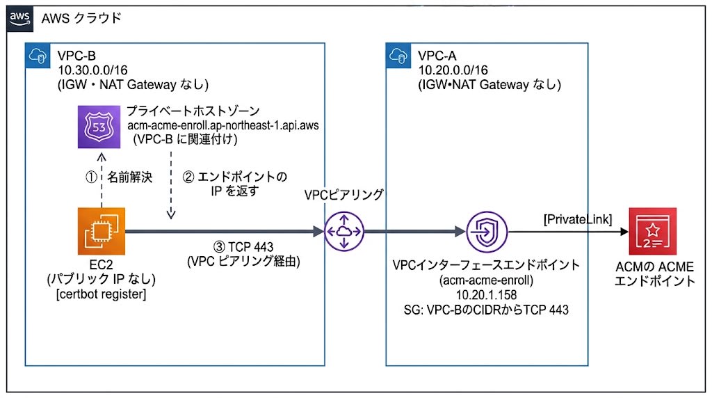 VPC-B の EC2 がプライベートホストゾーンで名前解決し、VPC ピアリング経由で VPC-A のインターフェースエンドポイント（10.20.1.158）の TCP 443 に接続する構成図。エンドポイントから PrivateLink で ACM の ACME エンドポイントに到達する。