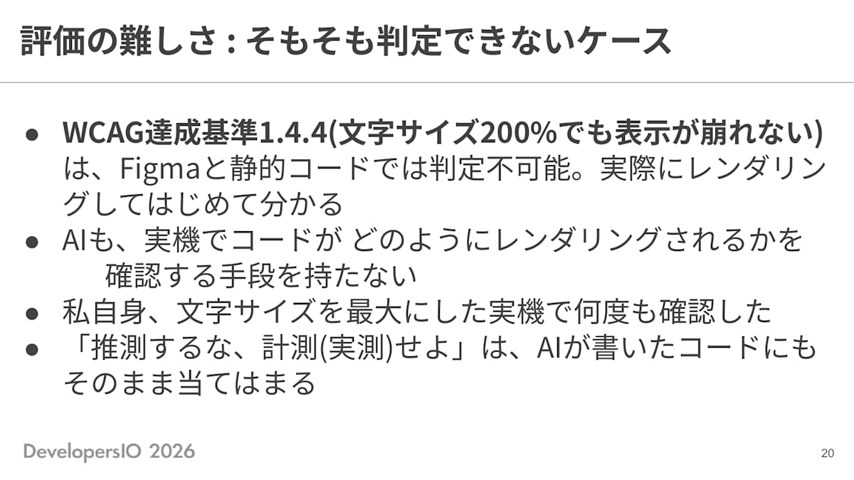 スライド: 評価の難しさ:そもそも判定できないケース ・WCAG達成基準1.4.4(文字サイズ200%でも表示が崩れない)は、Figmaと静的コードでは判定不可能。実際にレンダリングしてはじめて分かる ・AIも、実機でコードがどのようにレンダリングされるかを確認する手段を持たない ・私自身、文字サイズを最大にした実機で何度も確認した ・「推測するな、計測(実測)せよ」は、AIが書いたコードにもそのまま当てはまる