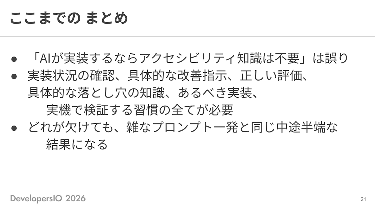 スライド: ここまでのまとめ ・「AIが実装するならアクセシビリティ知識は不要」は誤り ・実装状況の確認、具体的な改善指示、正しい評価、具体的な落とし穴の知識、あるべき実装、実機で検証する習慣の全てが必要 ・どれが欠けても、雑なプロンプト一発と同じ中途半端な結果になる