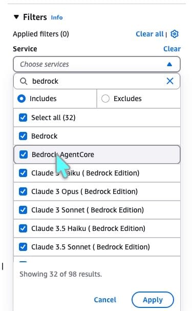 Service フィルタを bedrock で検索した画面。Select all (32) と表示されている