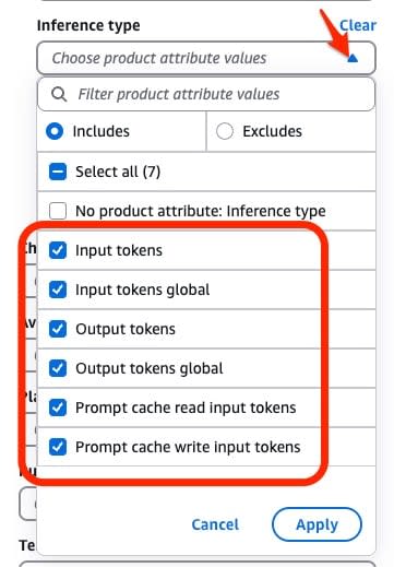 Inference type フィルタを開いた画面。Includes と Excludes の切り替えと、No product attribute を含む値が並ぶ