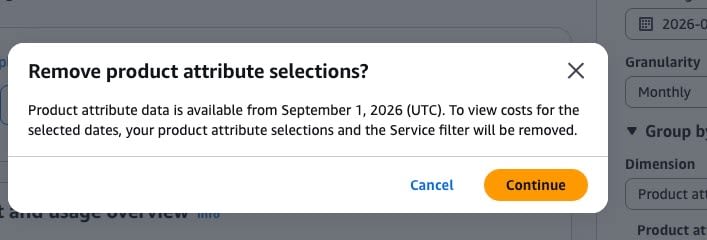 Remove product attribute selections? のダイアログ。Product attribute data is available from September 1, 2026 (UTC) と表示され、Cancel と Continue を選べる