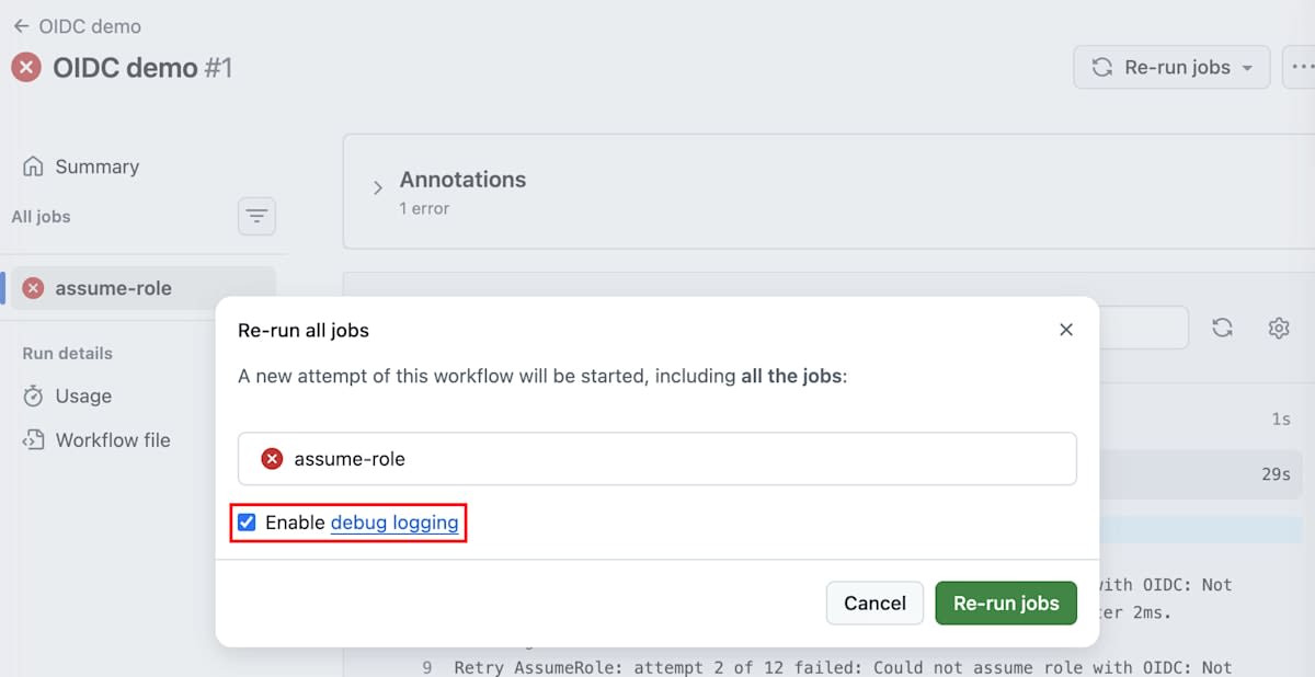 Enable debug loggingにチェックを入れた再実行のダイアログ
