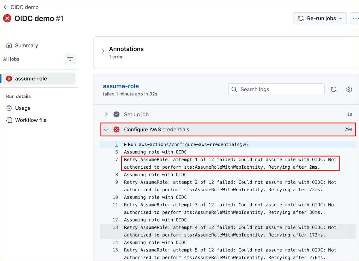 リトライの末に失敗したConfigure AWS credentialsのログ