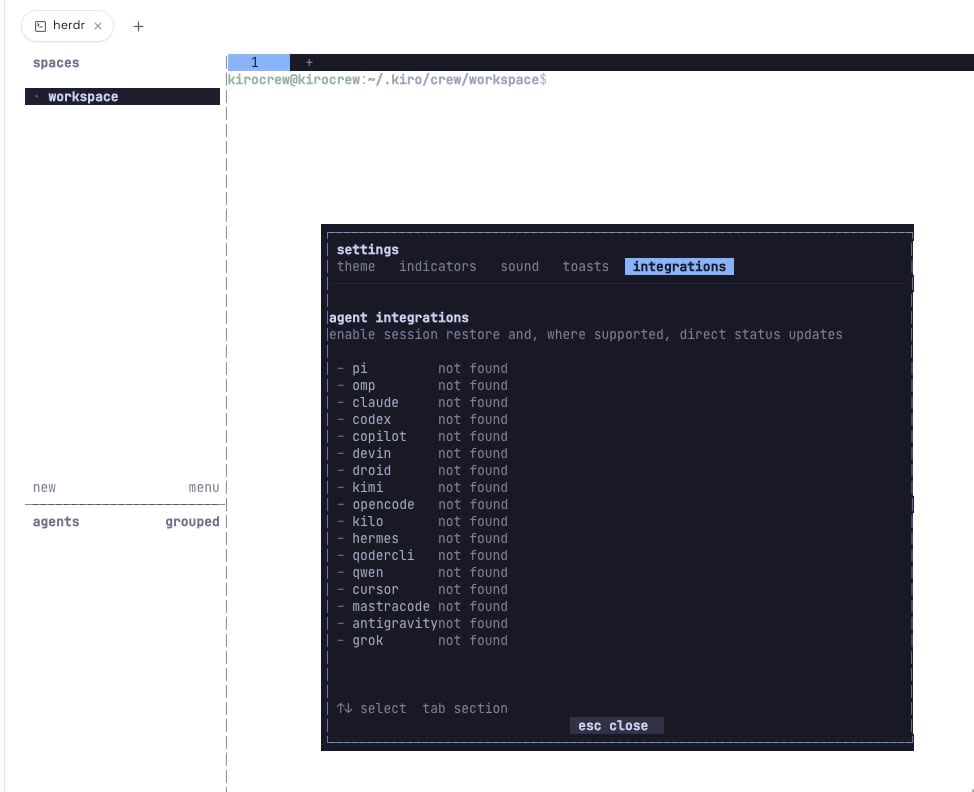 herdr の settings の integrations 画面。一覧に Kiro の行はない