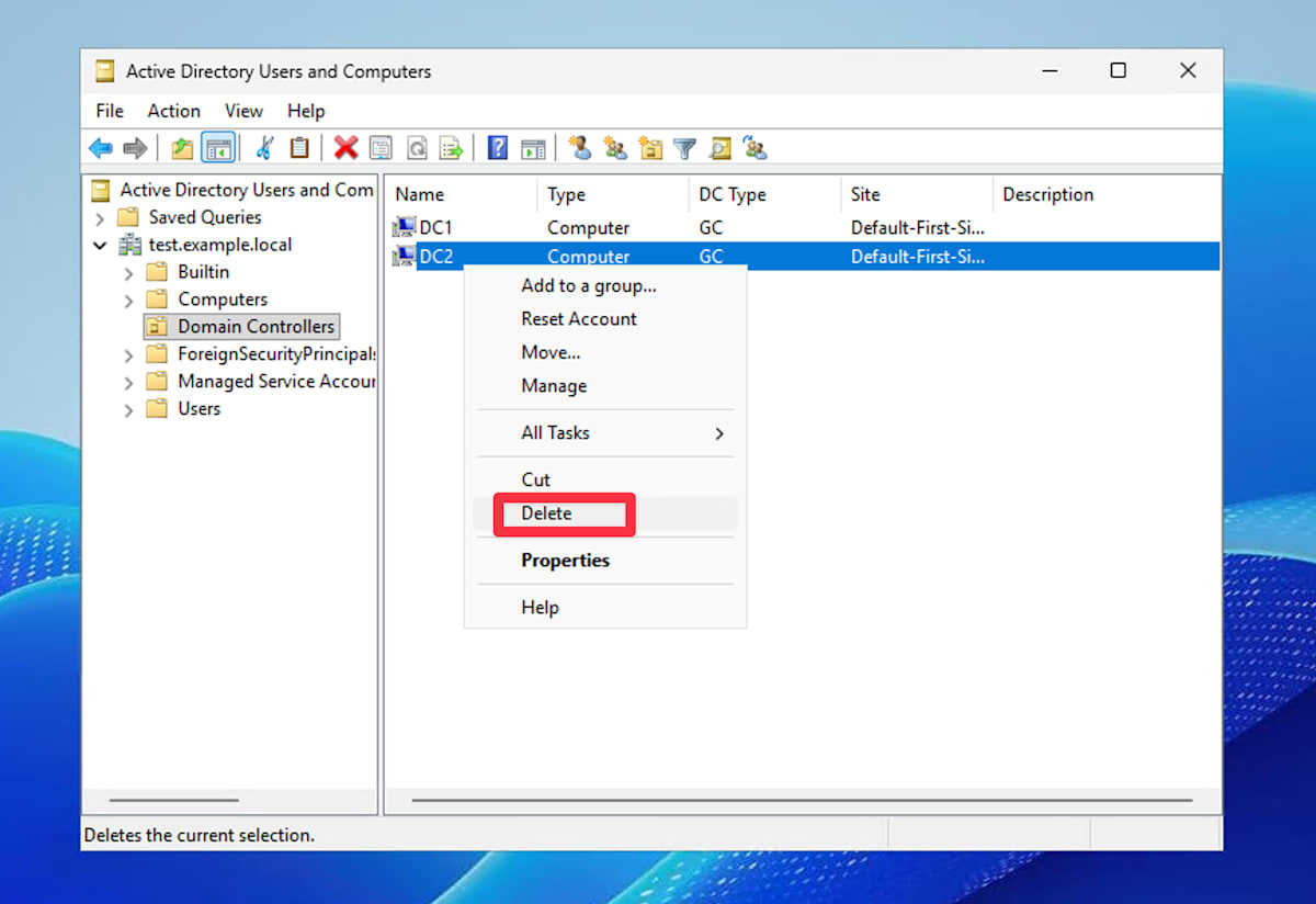 [Domain Controllers] で DC2 を右クリックし、[Delete] をクリックする