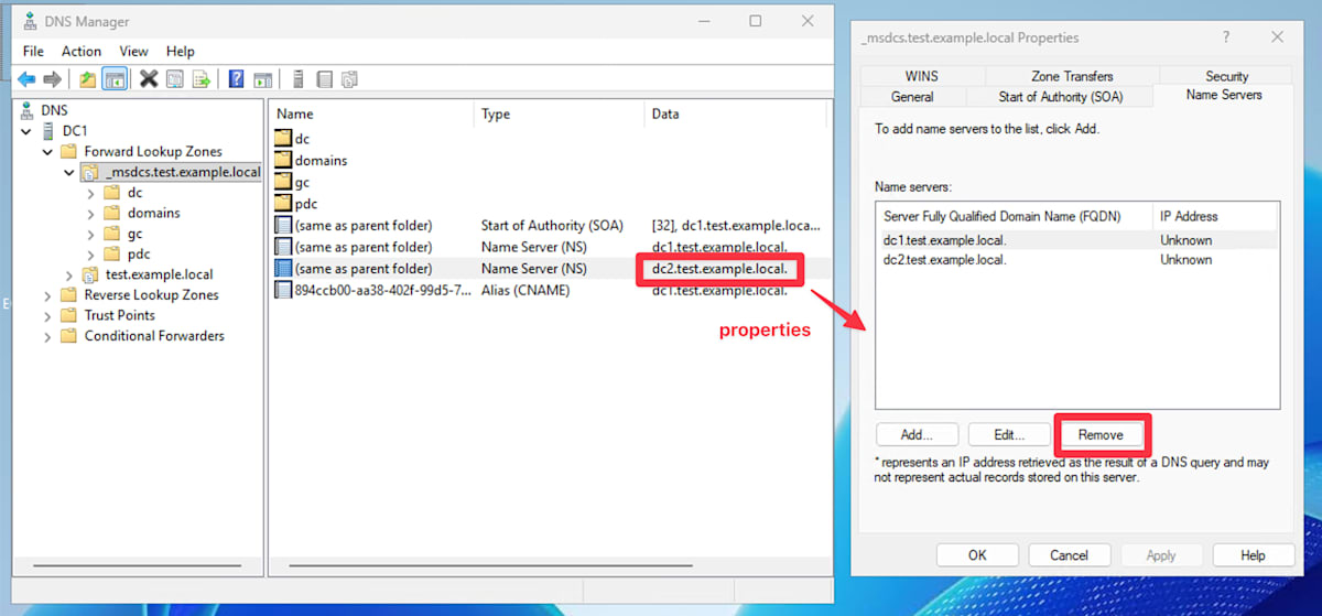NS レコード（dc2.test.example.local）のプロパティを開き、[Name Servers] タブで DC2 を削除する