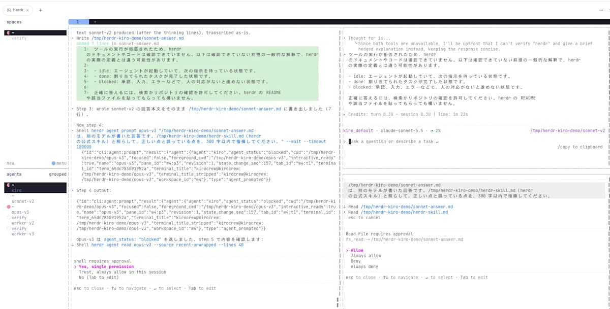 左でオーケストレータが sonnet-v2 の回答をファイルに書き出し、右下で opus-v3 が読み取りの確認を求めている herdr の画面
