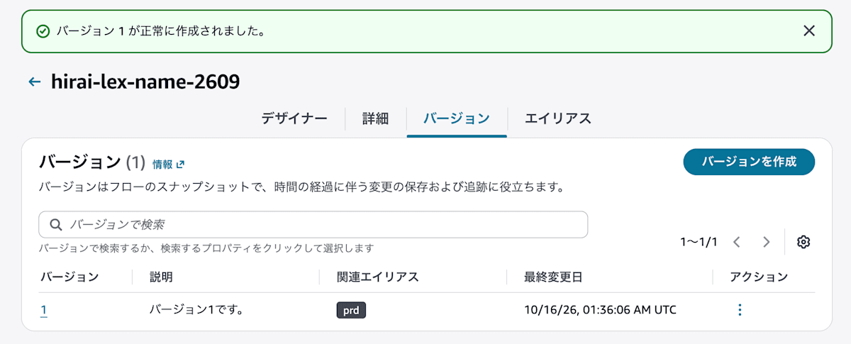 バージョン1の作成結果と関連エイリアスprd