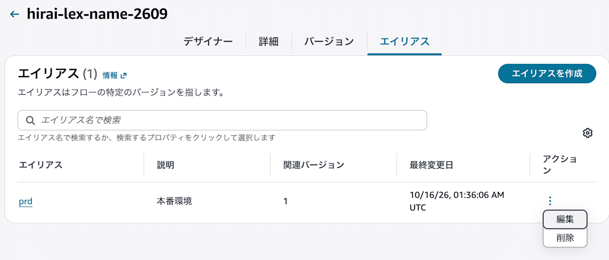 エイリアスprdのアクションから編集を選択する画面