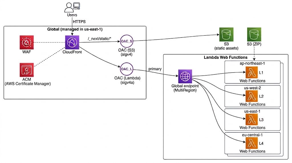移行後の構成図:CloudFront から OAC を経由して Web Functions のグローバルエンドポイントに届き、4リージョンの Web Functions が処理する。静的ファイルと ZIP は S3 に置く