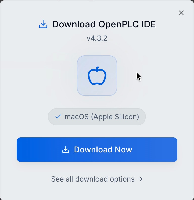 OpenPLC IDEのダウンロードダイアログ。v4.3.2、macOS (Apple Silicon)が選択されている