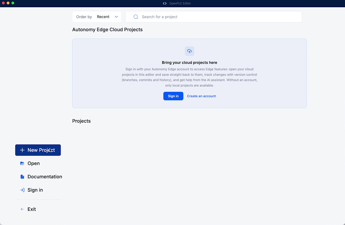 OpenPLC Editorの起動画面。New Project、Open、Documentation、Sign inのメニューが並ぶ