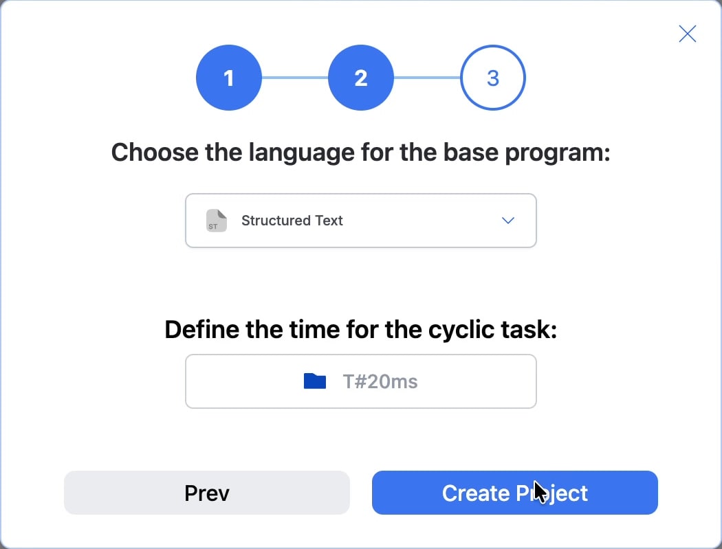 言語にStructured Text、周期タスクの時間にT#20msが設定されたダイアログ