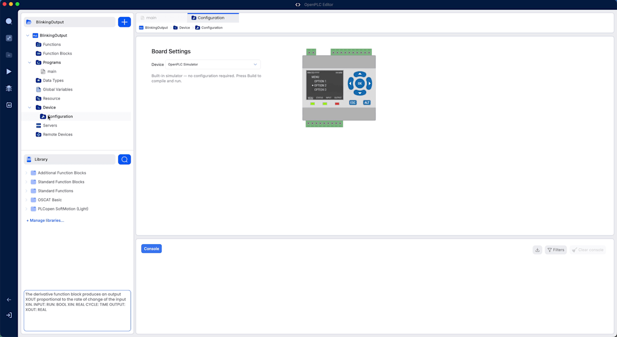 Board Settings画面。DeviceにOpenPLC Simulatorが選択され、「Built-in simulator — no configuration required」と表示されている