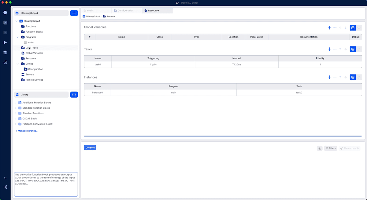 Resource画面。TasksにCyclic・T#20msのtask0、Instancesにmainプログラムをtask0で実行するinstance0が登録されている