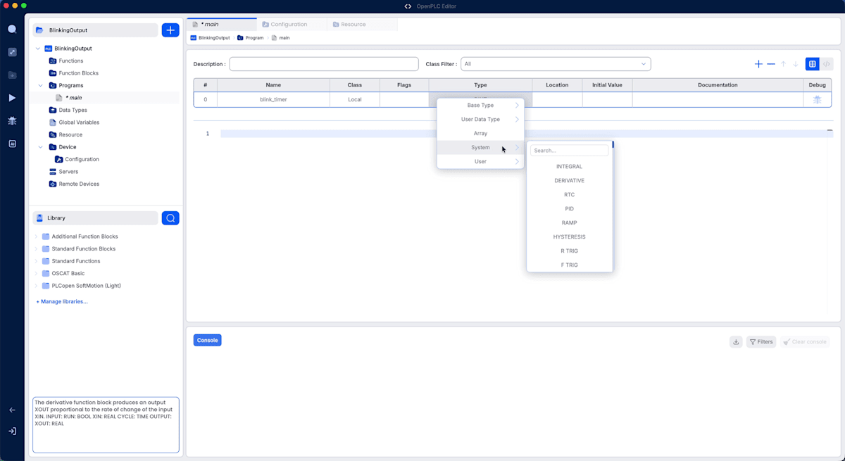 Typeのドロップダウンを開き、Systemを選択した状態。検索欄と型の一覧が表示されている