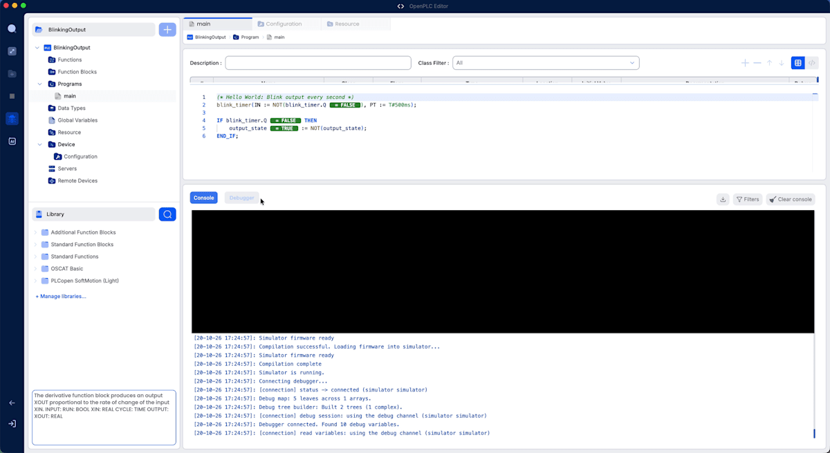 シミュレーター起動後のコンソール。Compilation complete、Simulator is running、Debugger connectedのログが表示されている。エディタ上ではコードの各変数の横に現在値が表示されている
