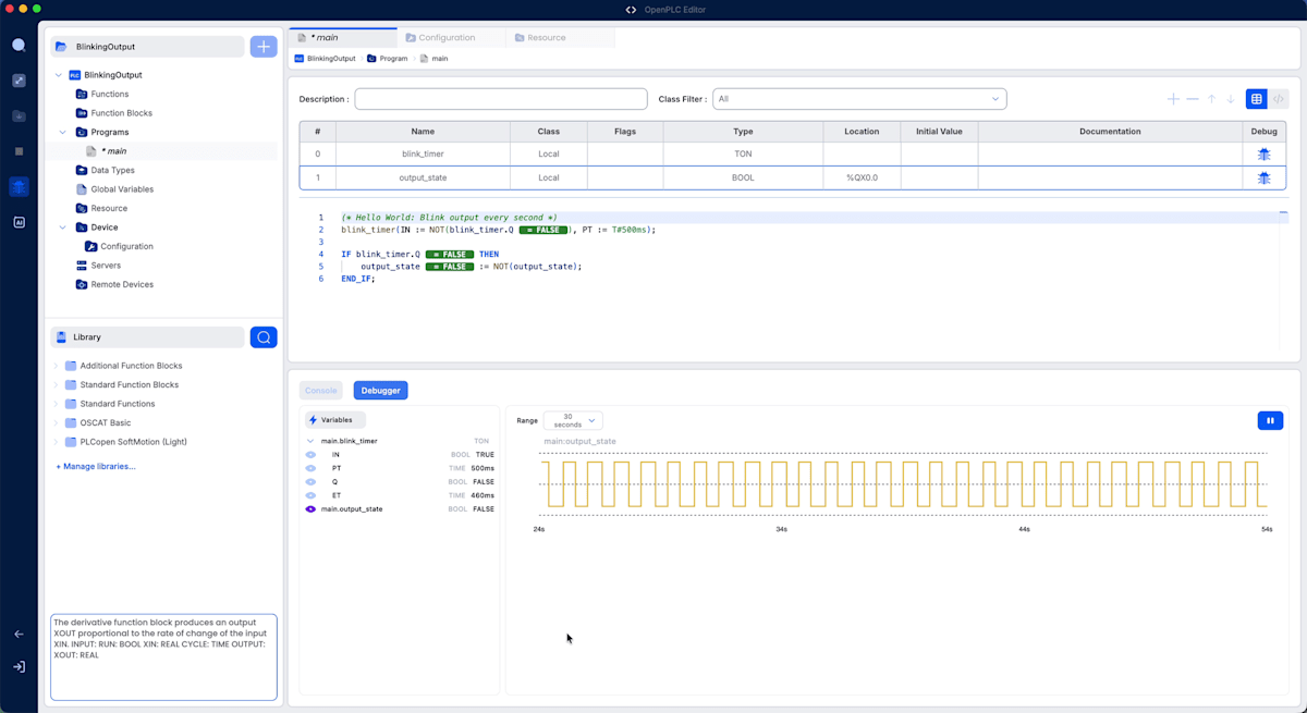Debuggerパネル。main.output_stateの値がグラフに矩形波として表示されている