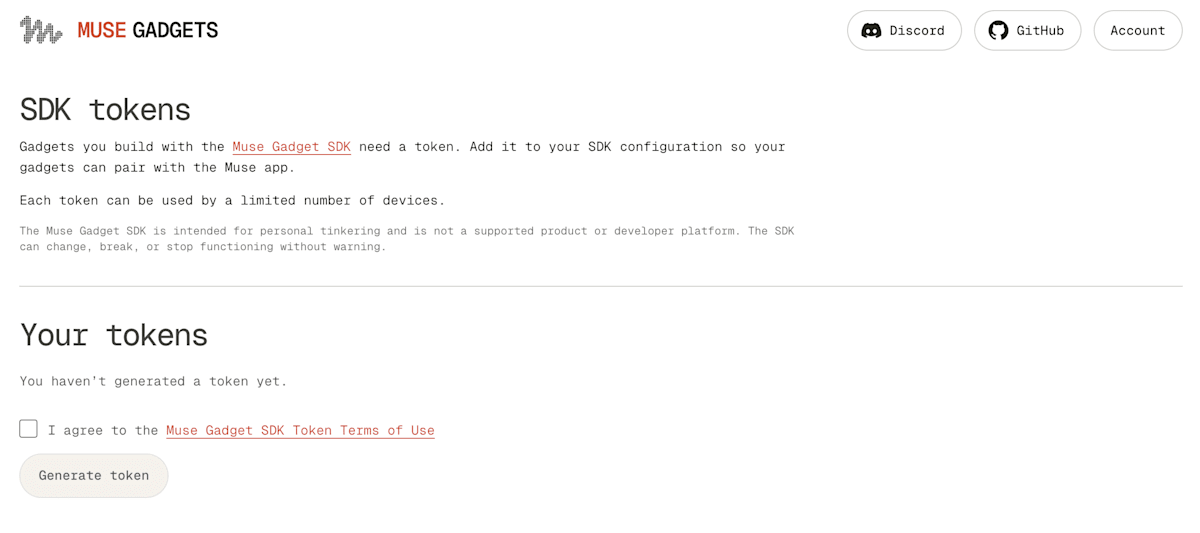ログイン後の利用規約への同意欄とGenerate tokenボタン