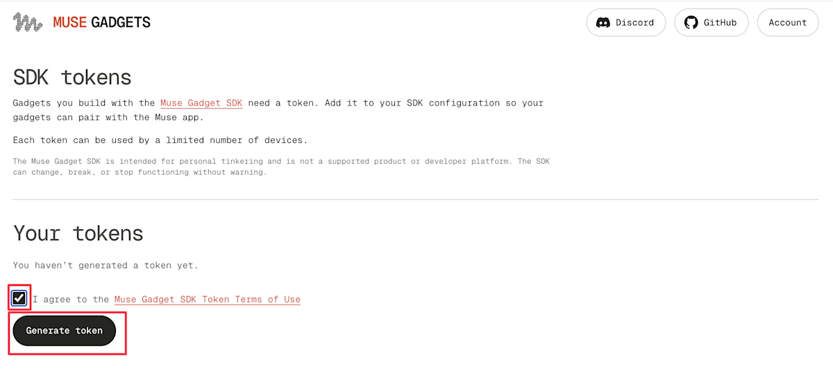 利用規約への同意にチェックを入れてGenerate tokenボタンが有効になった画面