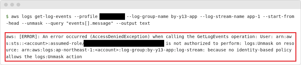 読み取り専用ロールで --unmask を付けた結果。AccessDeniedException のエラーの文に赤い枠