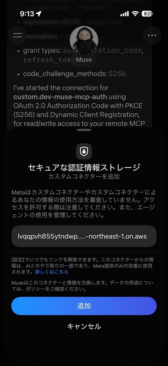 MetaがCustom Connectorを審査していないことの注意と接続先ドメインが表示された画面