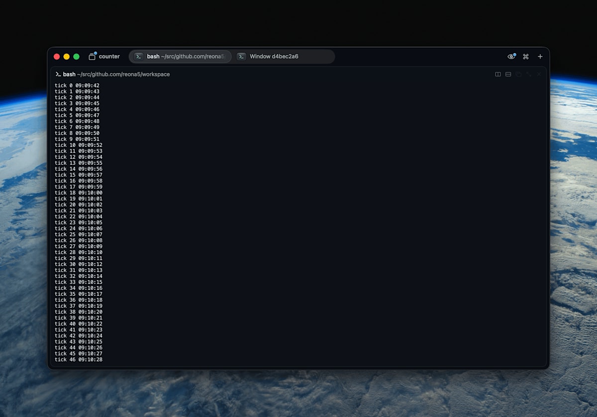 counter セッションの画面。1 秒ごとの tick の出力が tick 0 から続いている