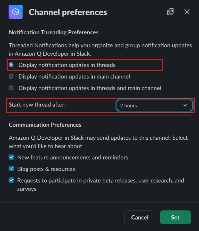 Channel preferences のダイアログ