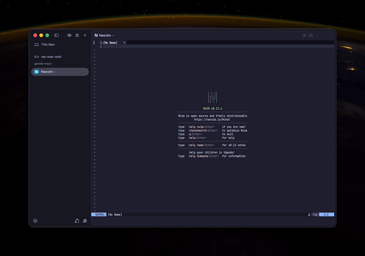 サイドバーで rex-mac-mini のセッション gentle-moor を選び、Mac mini で動く Neovim を開いた Rex のウィンドウ