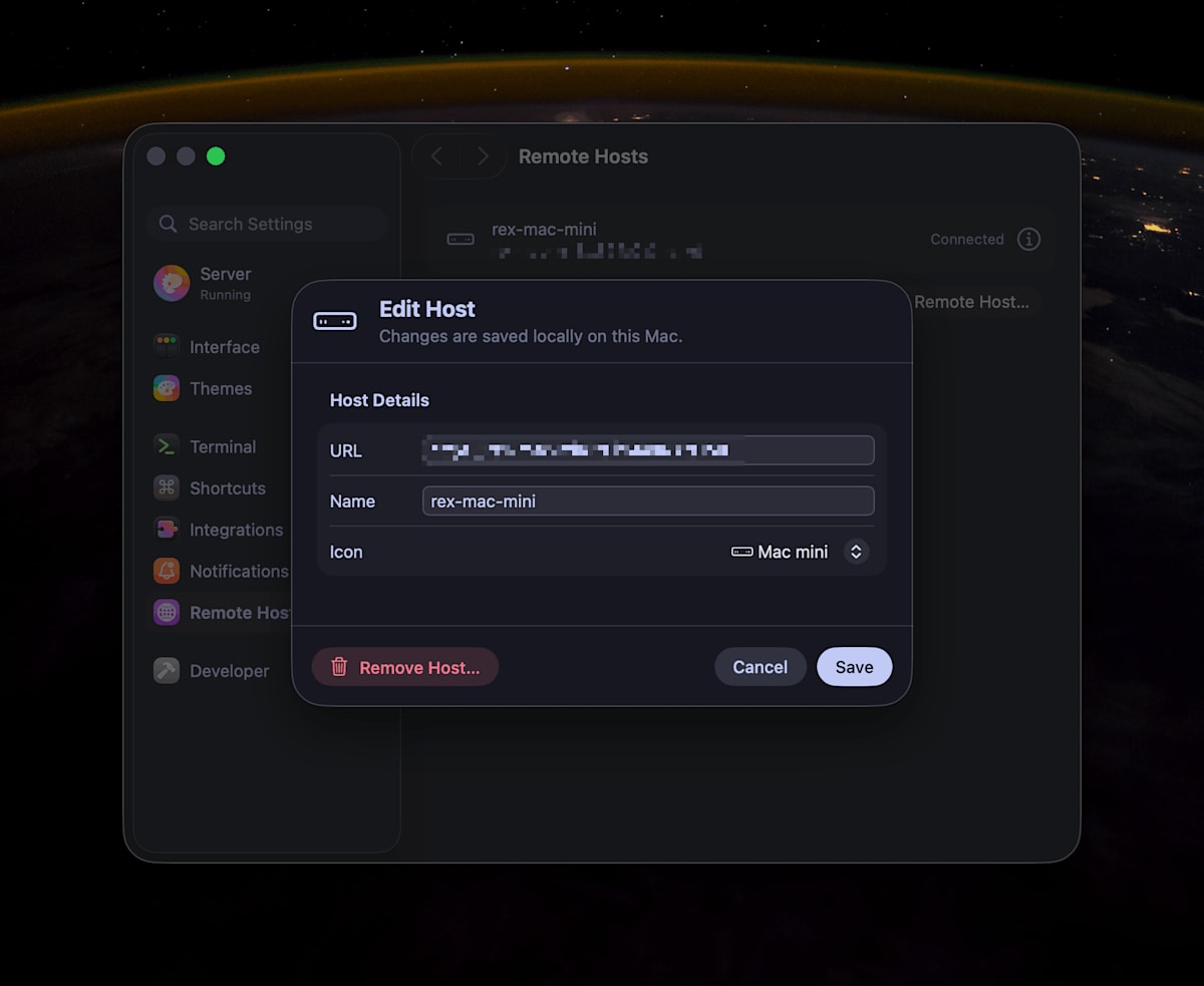 Rex の設定の Remote Hosts で、rex-mac-mini を編集するダイアログ。URL はぼかしてあり、名前とアイコン(Mac mini)を設定できる