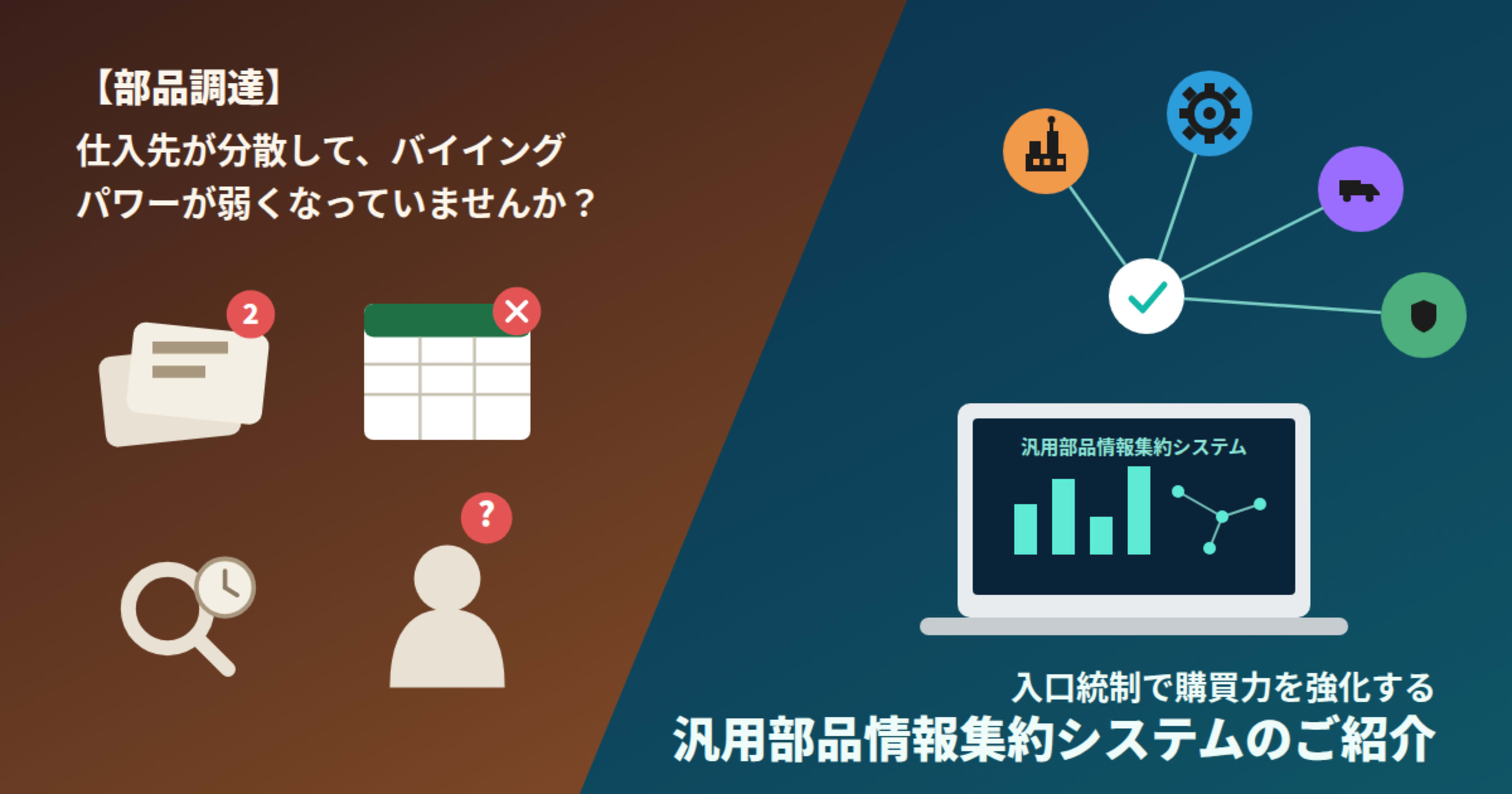 製造業DXシリーズ③ 【汎用部品情報集約システム】 部品の仕入先が分散し、バイイングパワーが弱くなっていませんか？入口統制で購買力を強化するシステムのご紹介