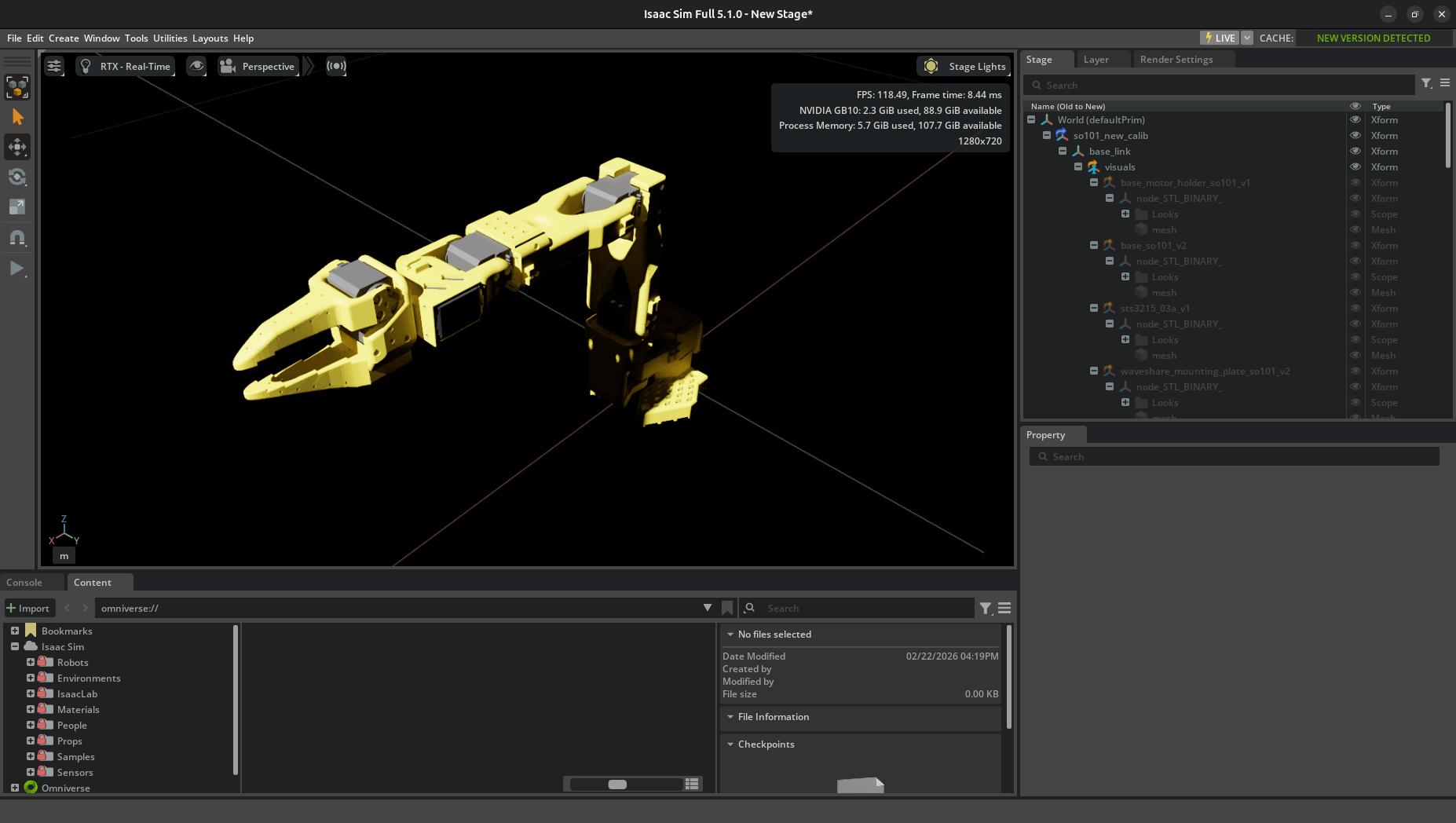 Isaac Sim GUI に SO-ARM101 を読み込んだ画面