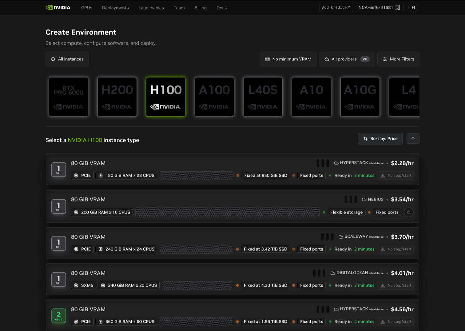 Brev H100 インスタンス選択画面