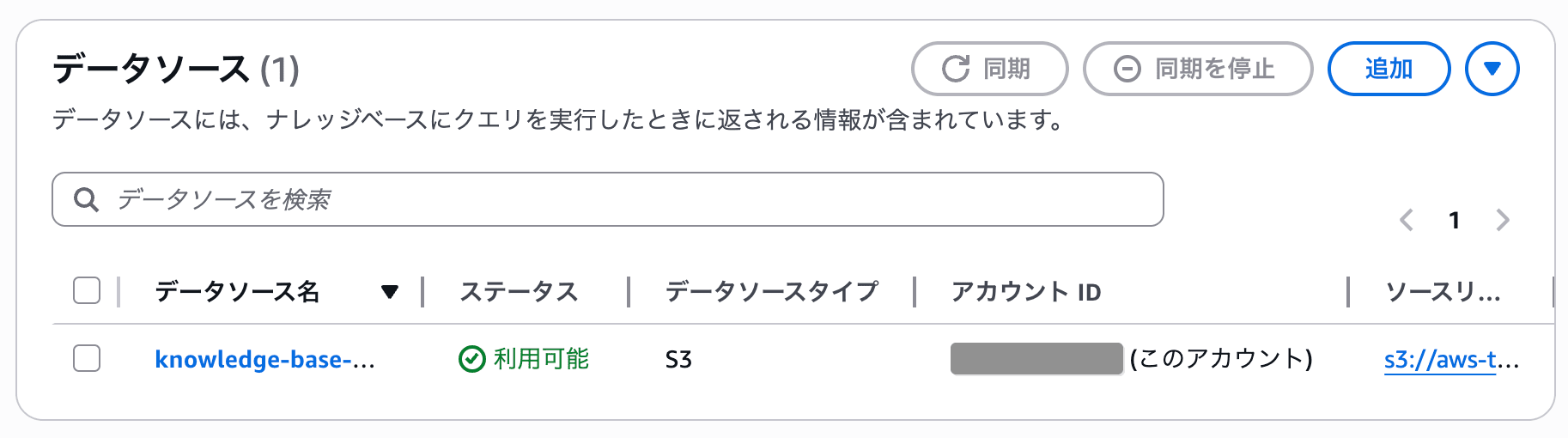 作成されたナレッジベースのデータソース一覧画面