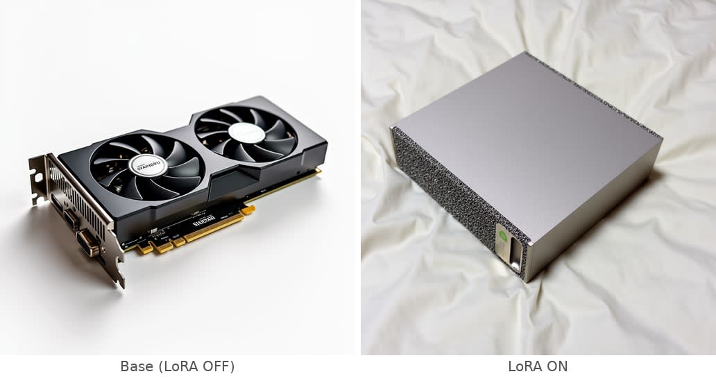 LoRA なし（左）と LoRA あり（右）の比較。同じ sparkgpu を含むプロンプトで生成