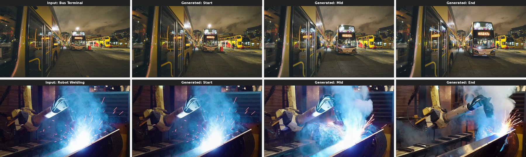 Image2World 2B の入力画像と生成フレームの比較（バスターミナル / ロボット溶接）