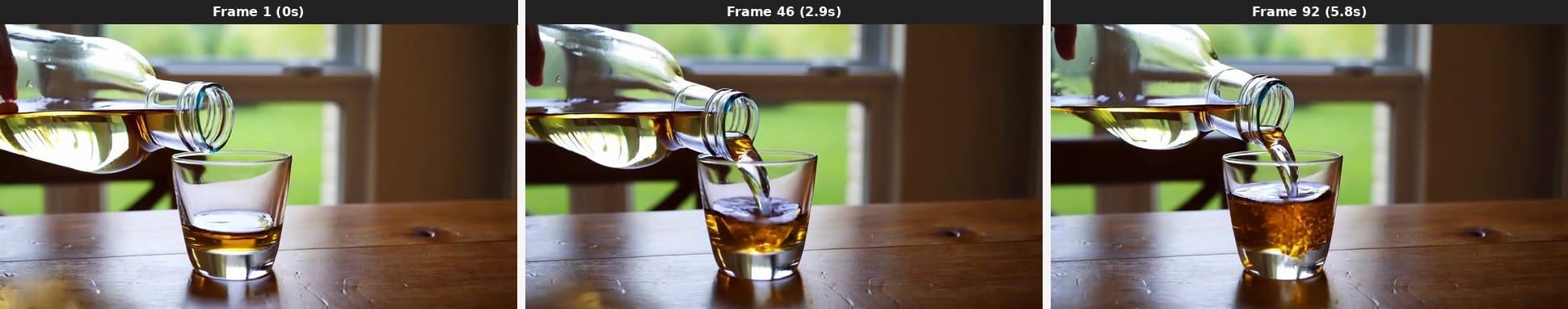 Text2World 2B で生成した動画のキーフレーム（水を注ぐシーン）