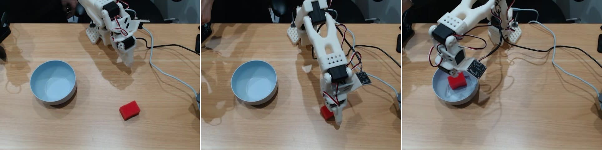 タスクの様子（左: 開始、中央: 掴む、右: ケースに入れる）