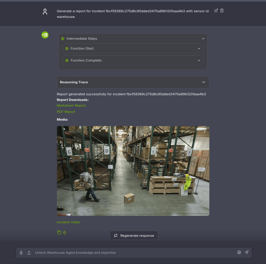 インシデントスナップショット — 棚 C〜F の通路で作業者が段ボール箱を回収