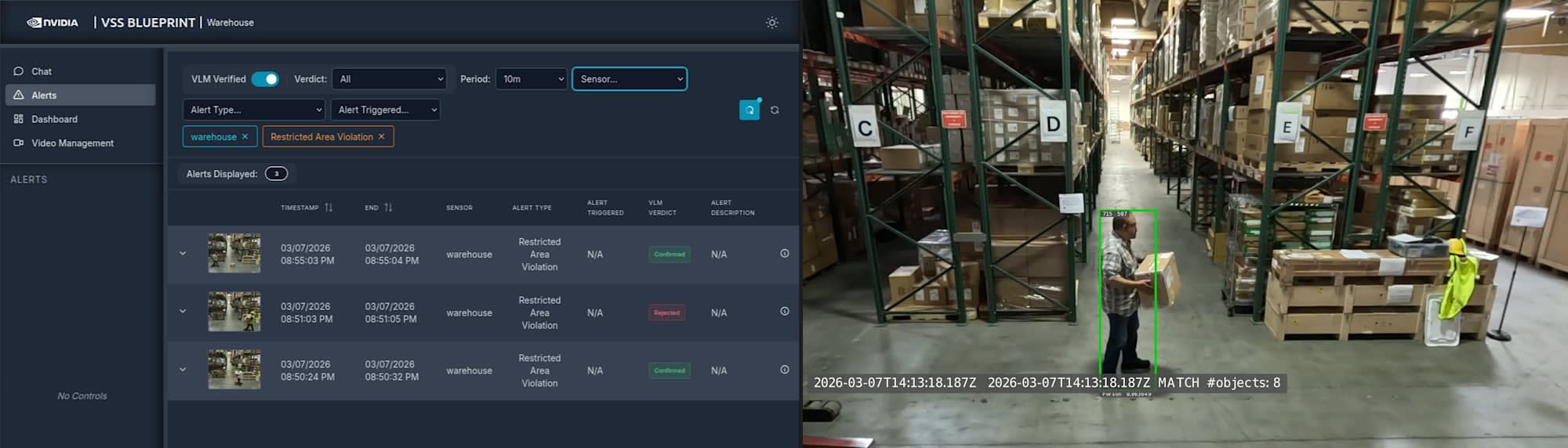 Alerts 画面（左）と Perception によるバウンディングボックス検出（右）