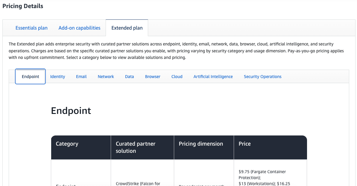Security Hub Extended planの各製品の料金ページ