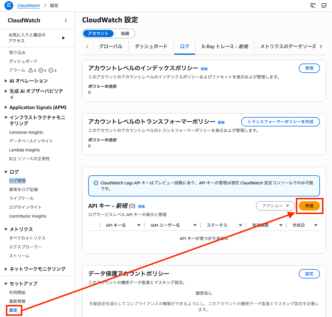 CloudWatchコンソール上でAPIキーを作成