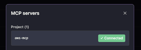 mcp.jsonをプロジェクトルートに置いて、AWS MCPサーバーを追加