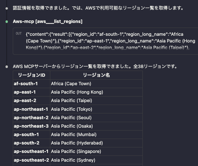 AWS MCP Server経由でAWSリージョン情報を取得