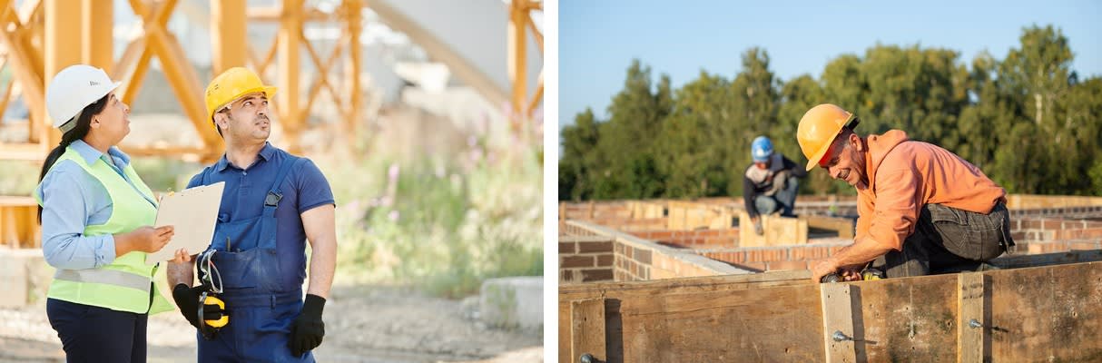 建設現場での PPE 装着例。ヘルメット・安全ベスト・手袋を装着した作業者（左）と、ヘルメットはあるが安全ベスト未装着の作業者（右）