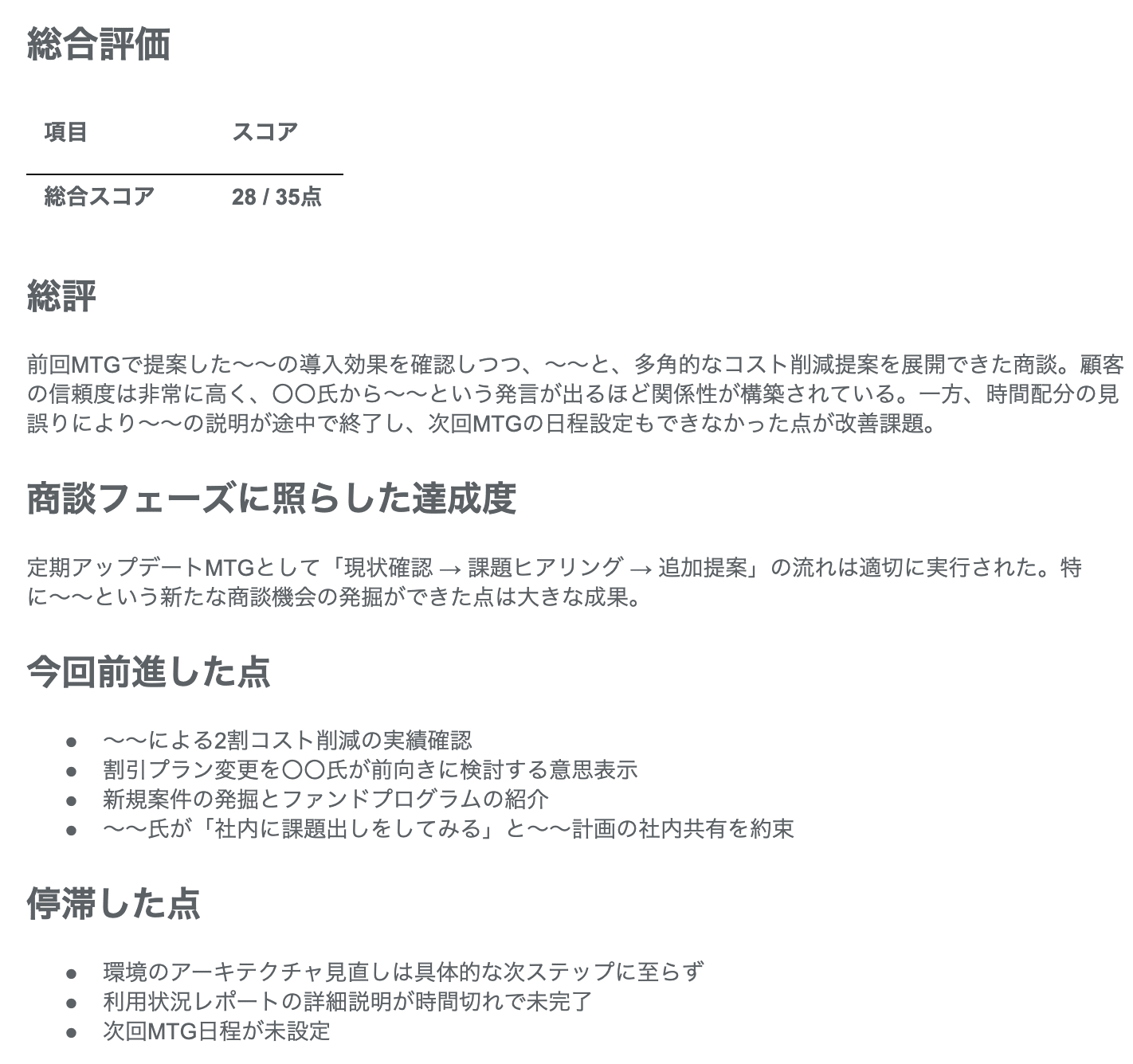 生成された商談振り返りレポートの出力例1