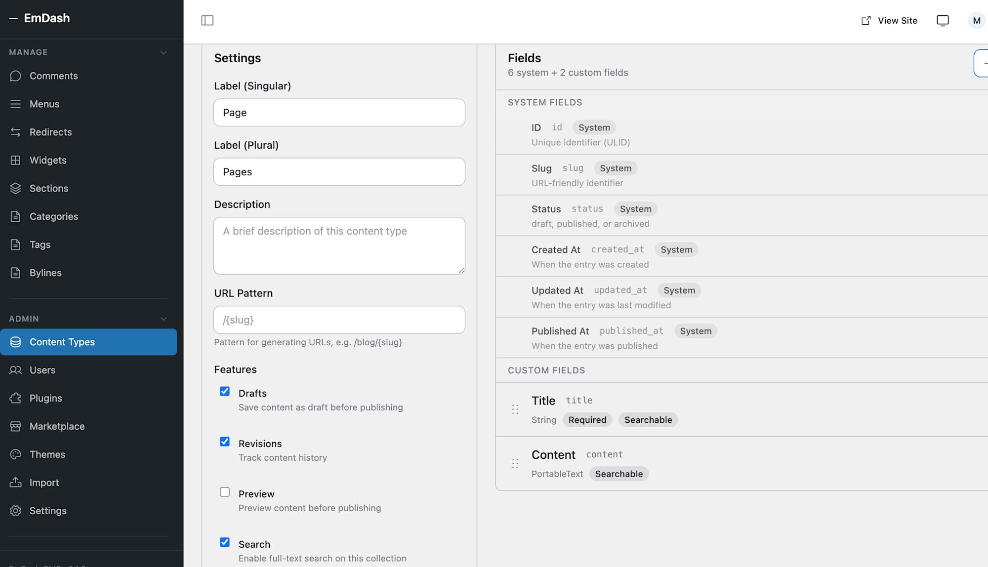 EmDash Content Types
